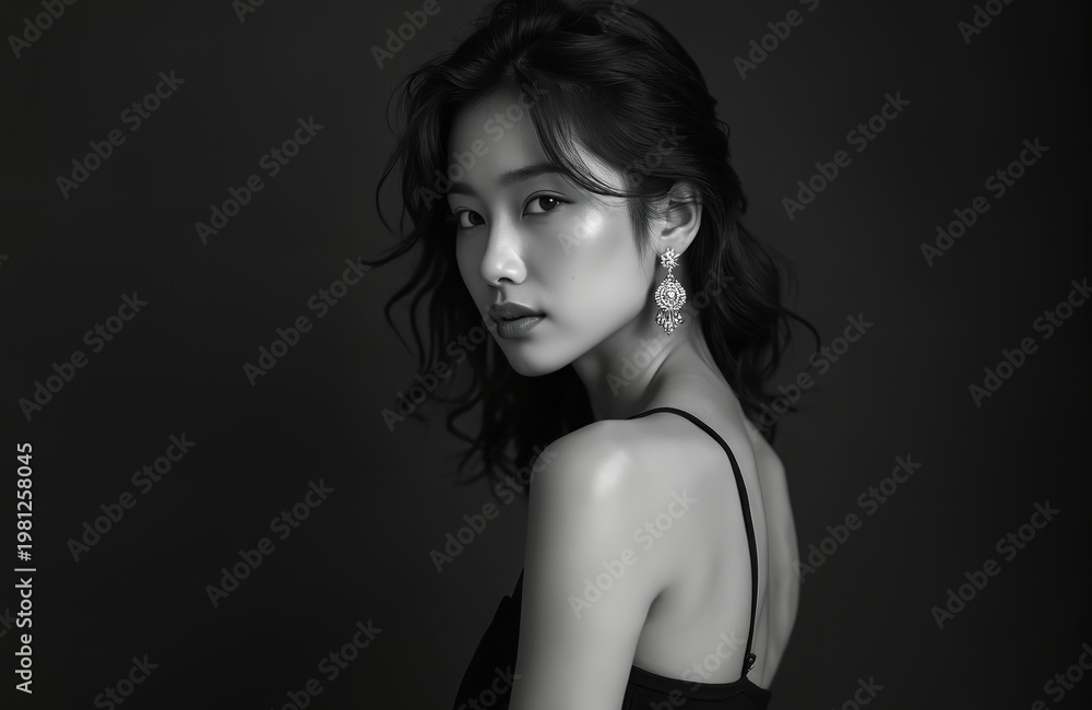 Naklejka premium Elegant woman in black dress looks over shoulder. She has long dark hair and wears large sparkling earring. Studio portrait accentuates her beauty and style.