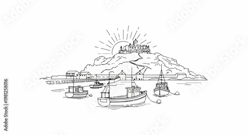 Coastal scene with boats docked near a hill with a castle