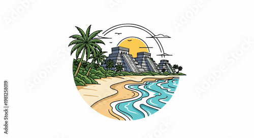 Coastal scene with ancient pyramids, palm trees, and ocean waves