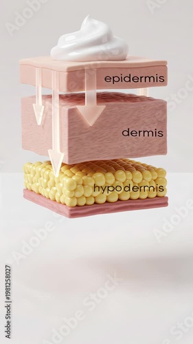 3D animation of skincare product penetrating skin layers including epidermis, dermis, and hypodermis. Clean medical visual ideal for dermatology, beauty, and cosmetic advertising concepts.