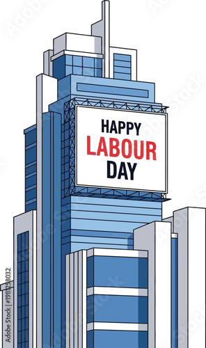 Modern skyscraper building with a billboard displaying Happy Labour Day a concept for holiday greetings and urban celebration vector illustration