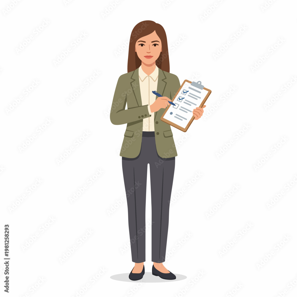 Naklejka premium Professional woman in a business suit holding a clipboard and pen, ready to take notes or sign documents