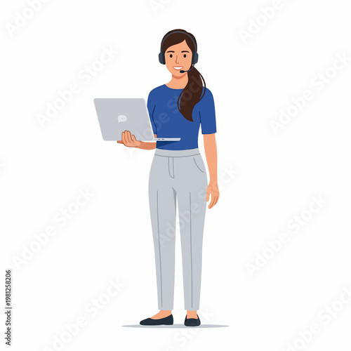Professional businesswoman wearing headset and holding laptop, ready for customer service and remote work operations