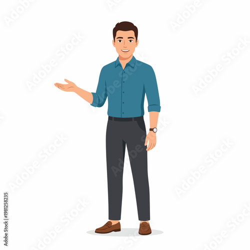 Friendly and approachable professional man illustration standing and gesturing to the side, welcoming or presenting an idea with a confident smile