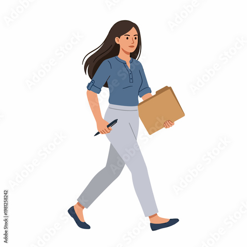 A young woman in professional attire walks purposefully while carrying a folder and a pen, conveying a sense of business and efficiency
