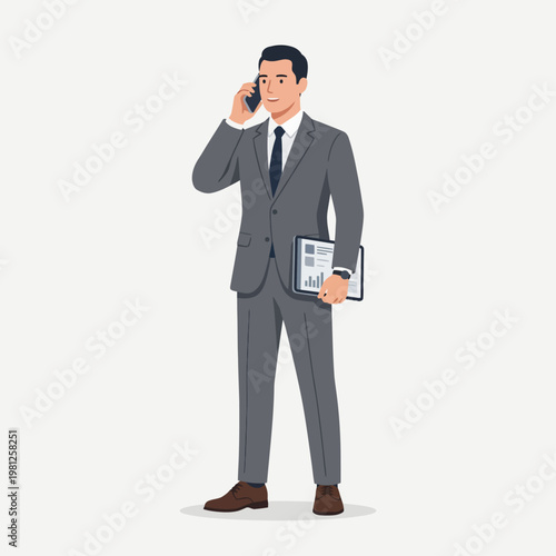 Professional businessman in a tailored suit engaged in a phone call while holding a digital tablet, embodying modern communication and executive efficiency concept