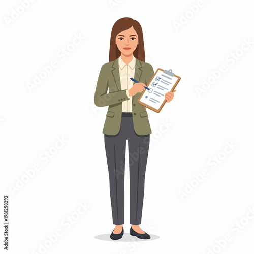 Professional woman in a business suit holding a clipboard and pen, ready to take notes or sign documents