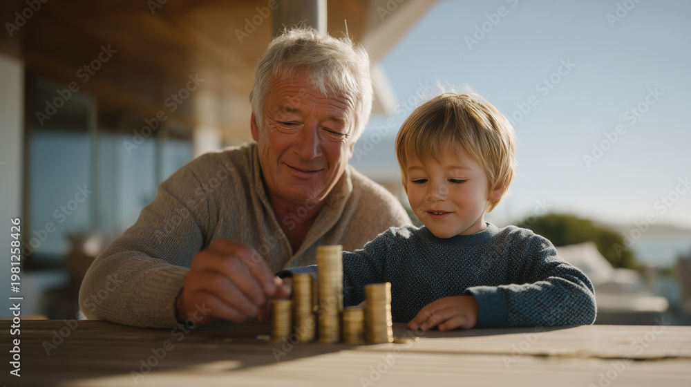 Naklejka premium An intergenerational scene of a grandfather and young grandchild building a coin pyramid on a wooden porch railing in bright summer sunshine, perfect for wealth education, money habit, and contempor