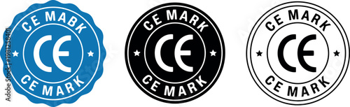Set of CE Mark Certification Badges in Blue, Black, and White for Product Compliance and Safety Labeling