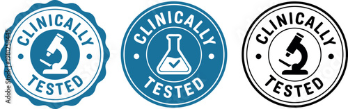 Clinically Tested Badge Set with Microscope and Laboratory Flask Icons for Medical and Pharmaceutical Labels