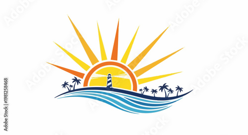 Coastal sunrise with a lighthouse, palm trees, and ocean waves