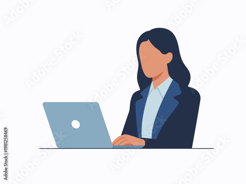 An illustration of a focused female professional actively engaged with a laptop, symbolizing efficiency and modern productivity in a connected digital work environment