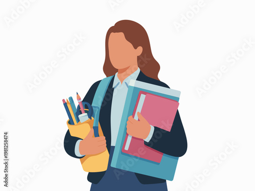 Woman carrying a box of office supplies or personal belongings, flat vector illustration of hiring, resignation, or moving to a new office desk
