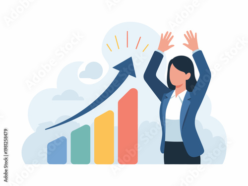 Successful businesswoman celebrating stock market growth or sales increase, flat vector illustration of financial profit and business achievement concept