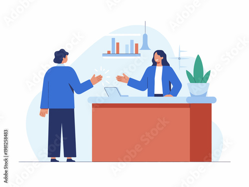 Two business professionals talking at a counter or front desk, flat vector illustration of customer service, consulting, or office reception interaction