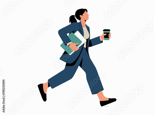 Busy businesswoman walking fast while carrying documents and a coffee cup, flat vector illustration of active lifestyle and productive morning commute