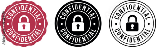 Tableau sur toile Confidential stamp icons with padlock symbol in red, black, and white for secure