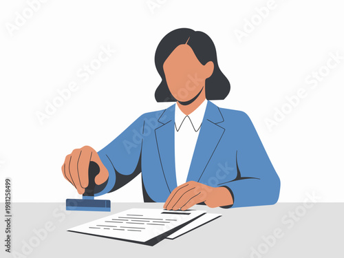 Businesswoman stamping a document on office desk, flat vector illustration of legal approval, contract agreement, and administrative bureaucracy concept