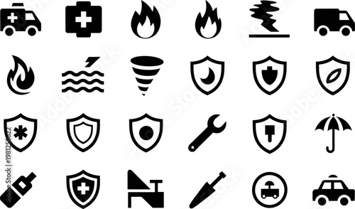 A collection of black hazard and protection icons representing safety and danger signs
