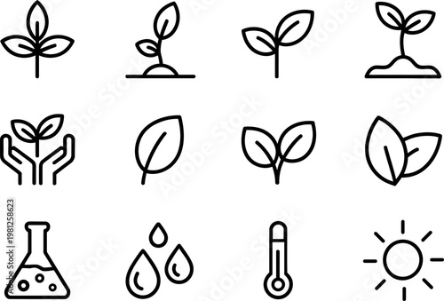 A collection of twelve simple line art icons representing plant growth and environmental factors