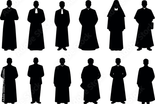 Collection of black silhouettes of religious figures in cassocks and robes standing isolated on white