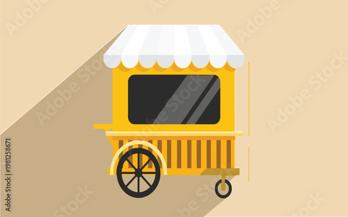 A minimalist, flat design illustration of a bright yellow street food or concession cart with a white and yellow striped awning. The long shadow effect adds depth to this clean icon-style image.