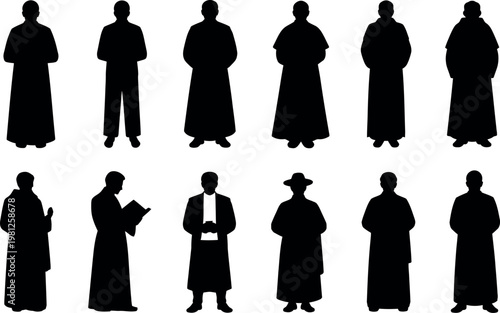 Collection of diverse religious figures depicted as black silhouettes in various poses against a white background