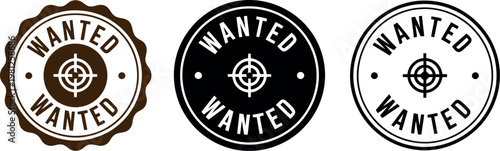 Vintage Wanted Poster Badge Set with Target Icon in Black and Brown Circular Stamp Design