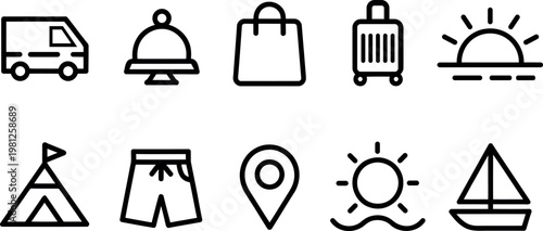 Collection of diverse travel and leisure icons including a van bell shopping bag suitcase sunrise tent shorts map marker sun and sailboat