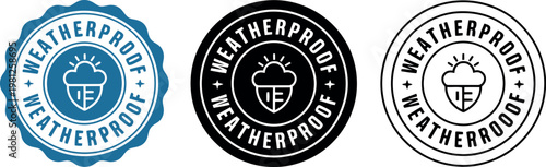 Weatherproof badge icons set with cloud and umbrella symbols in blue, black, and outline styles for product labeling