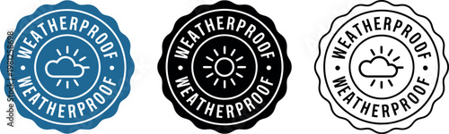 Weatherproof badge icons set with cloud and sun symbols in blue, black, and outline vector design