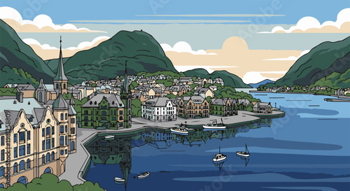 Coastal town nestled among mountains with boats on calm water