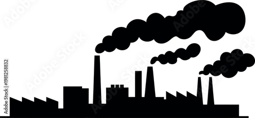 Silhouette of industrial factory buildings emitting dark smoke into the sky representing pollution
