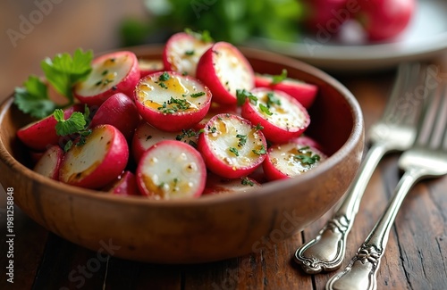 Roasted radishes with garlic and herbs served in a wooden bowl, garnished with parsley. Simple side dish, healthy low carb meal preparation.