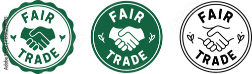 Fair Trade Badge Set with Handshake Icons in Green and Black for Ethical Product Labeling and Certification