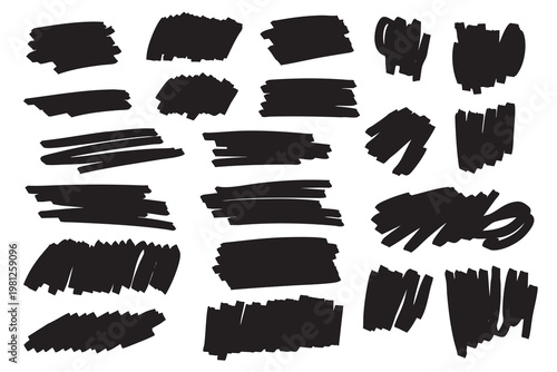 Set of black ink brush strokes and scribbles isolated on white background. Abstract grunge textures, hand drawn marker and paint marks for design elements and overlays