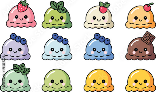 Cute kawaii ice cream scoop vector icon set with strawberry chocolate mint blueberry and cherry toppings for summer