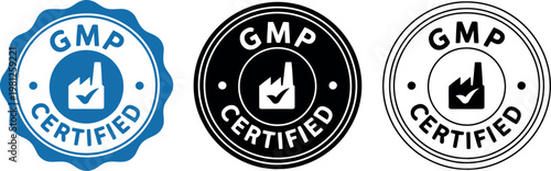 GMP Certified Badge Icons Set – Quality Assurance, Compliance, and Certification Labels Vector