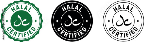 Halal Certified Badge Icons Set – Green, Black, and Outline Vector Stamps for Food Packaging and Branding