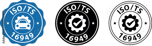 ISO TS 16949 automotive quality management certification badge icons in blue, black, and white vector set