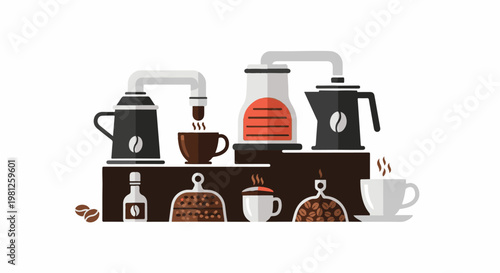 Coffee brewing process machines, cups, and beans are illustrated
