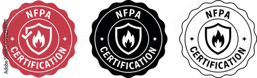 NFPA Certification Badge Icons Set – Fire Safety Approved Seal Vector Illustrations in Red, Black, and White
