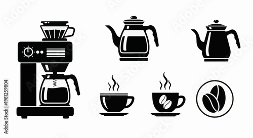 Coffee making icons coffeemaker, teapots, steaming cups, and coffee beans