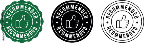 Recommended Badge Icons Set with Thumbs Up Symbol in Green, Black, and Outline Styles for Approval and Endorsement