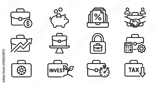 Business finance briefcase icons outline set with money growth tax investment security minimal style isolated background concept of corporate finance