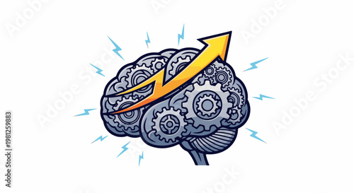 Cogwheel brain with a yellow arrow pointing upwards and lightning bolts