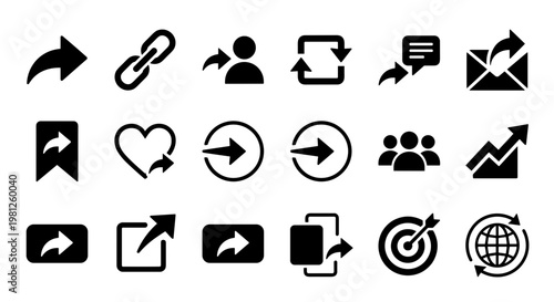 Social media share arrow icons filled black set with send repost forward symbols isolated background concept of digital sharing