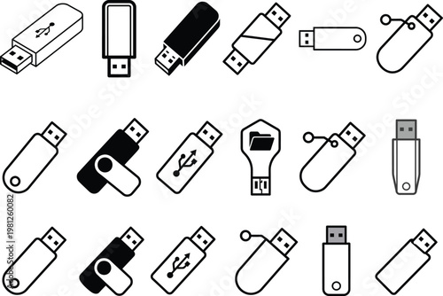 USB flash drive icon set, portable data storage symbols in silhouette and line art styles, pen drive and memory stick vector illustration for technology UI UX and infographic design
