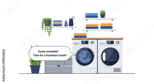 Laundry room with washing machines and plants