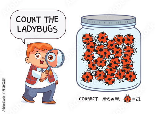 Count how many Ladybugs are hidden in the picture. Simple educational worksheet for kids with insects in a transparent jar. Children count the bugs and practice early math skills
